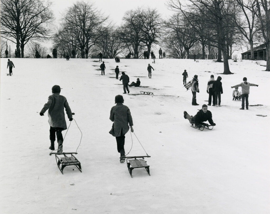 George Tice, Sledding in Westside Park, Newark, NJ, [1962]
8x10 toned silver gelatin print, printed later, on display in the current Gallery 270 show Lifework: the Enigmatic and Obscure